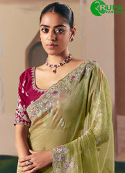 Green Color Fancy Fabric Contemporary Saree with Embroidered and Sequins Work